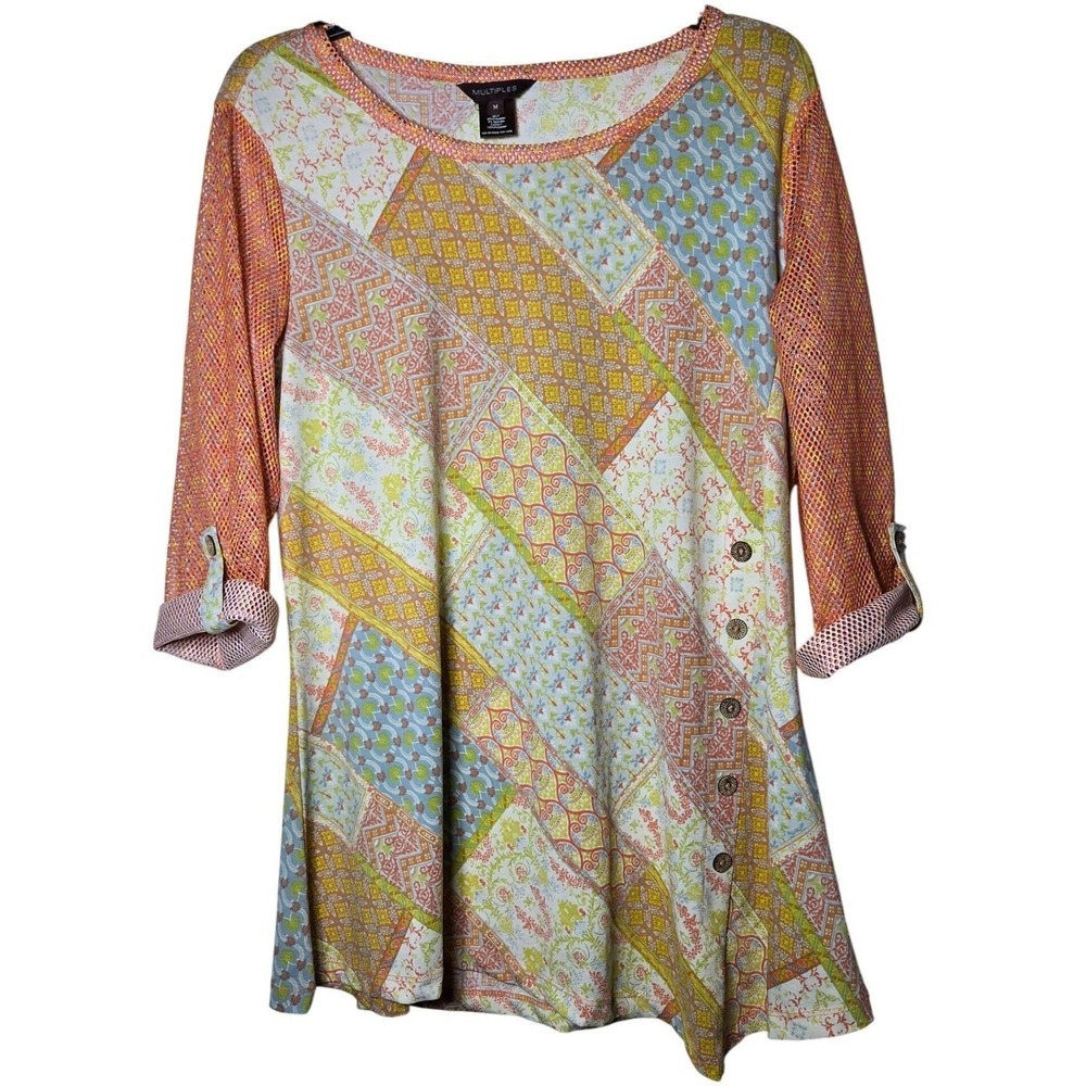 Multiples Womens Asymmetric Mesh Sleeve Top Medium Patchwork Stretch Boho Hippie